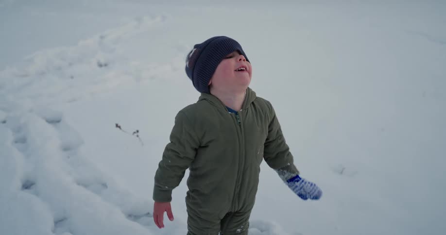 A young child wearing a warm olive green suit and a blue knit hat stands in a field of white snow while looking up toward the sky