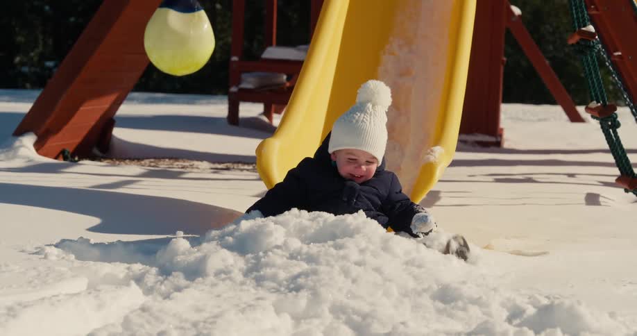 Child wearing a white beanie sitting in the snow in front of a yellow slide