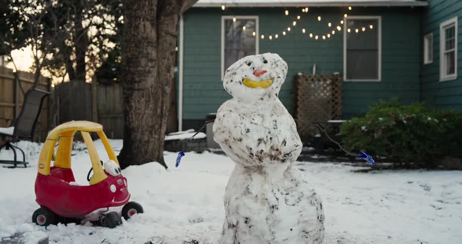 A snowman outdoors in a yard