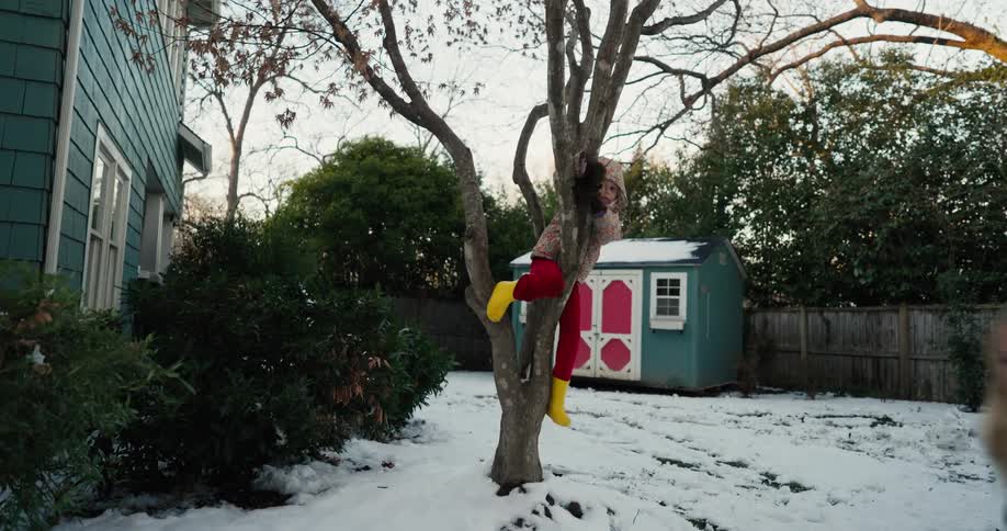 Two children climbing trees in the snow