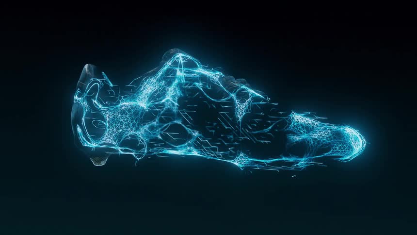 Neon sci-fi energy form a digital glowing mesh that builds into the shape of a sneaker cleat before revealing an athletic shoe