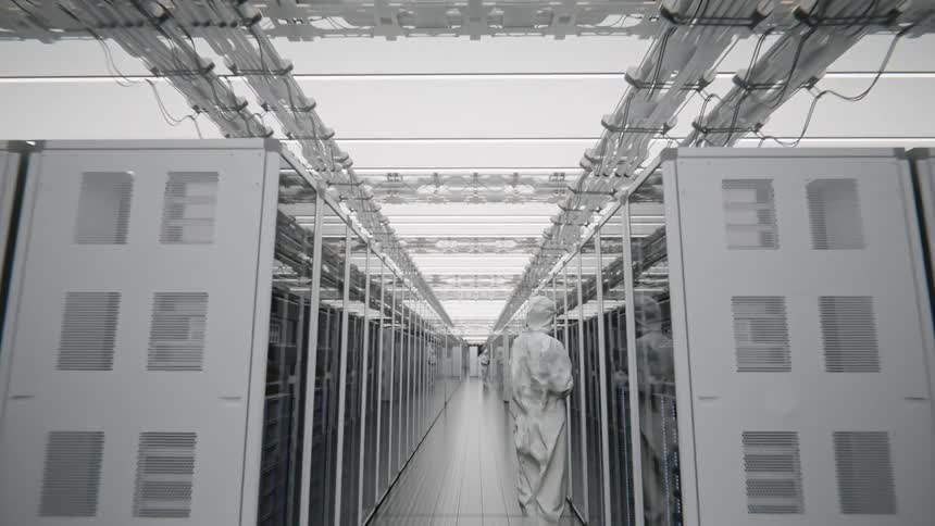 Data center corridor with rows of server racks and technician wearing protective suit walking in the center