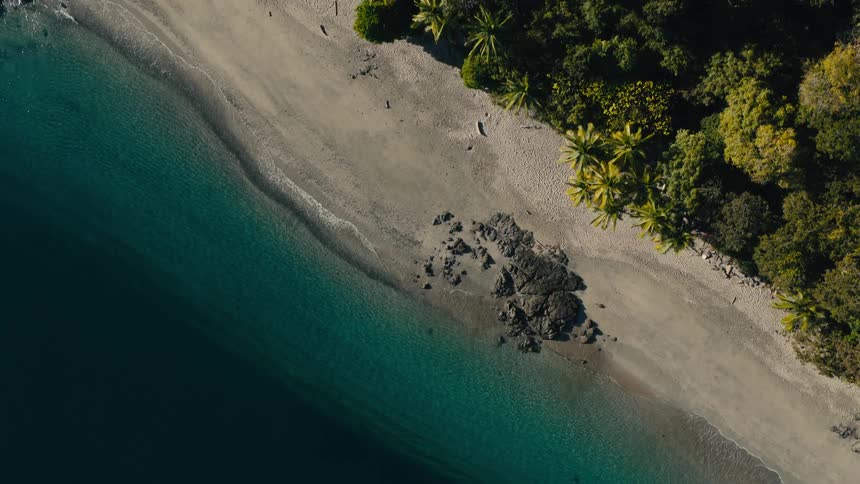 An aerial drone shot captures a secluded tropical beach where turquoise ocean waves gently lap against a sandy shore