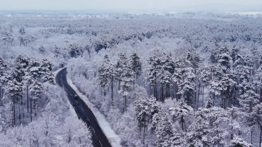 An aerial view shows a dark road winding through a vast forest where every tree is covered in thick white snow under a grey sky