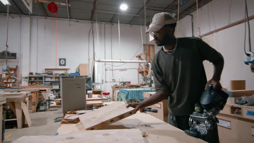 Male woodworker holds a machine while working with a piece of wood in a workshop