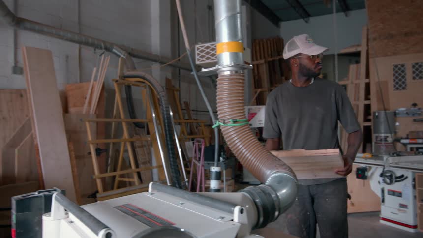 Man working with a workshop carries a thick square of wood from a machine