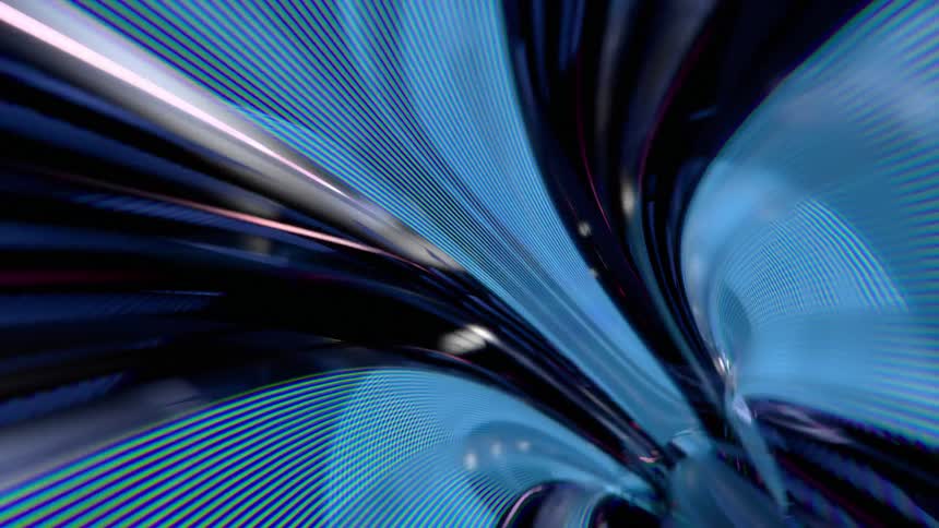 A glowing digital tunnel made of curved blue light grids and polished chrome surfaces