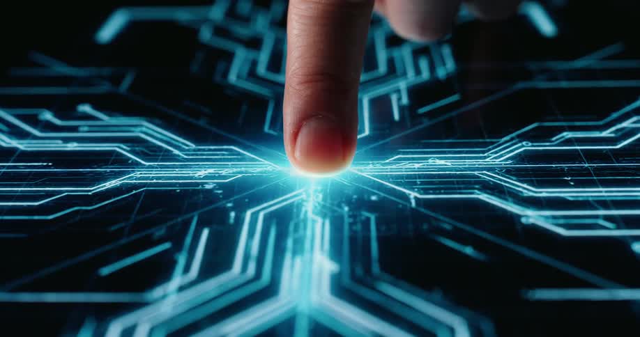 Persons finger presses down on a cyber screen as glowing patterns spread and vanish