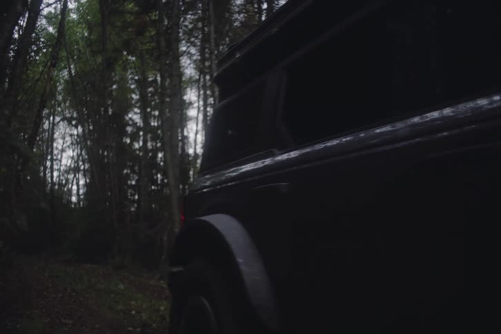 Utility vehicle with headlights on stopped on a dense forest trail