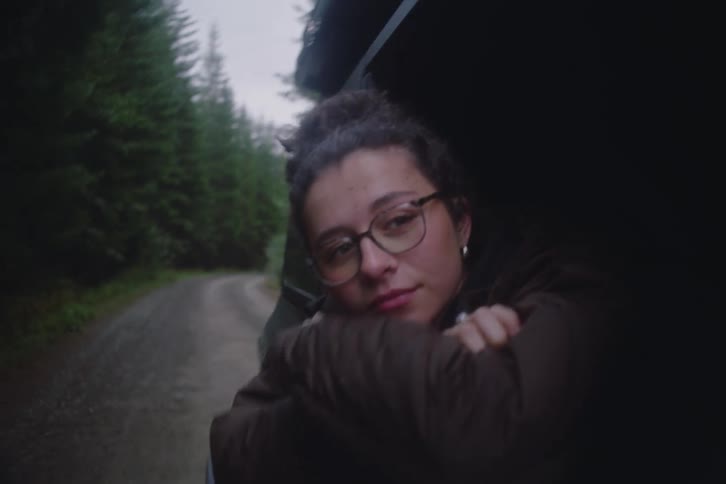 A woman riding in a car leaning out the window