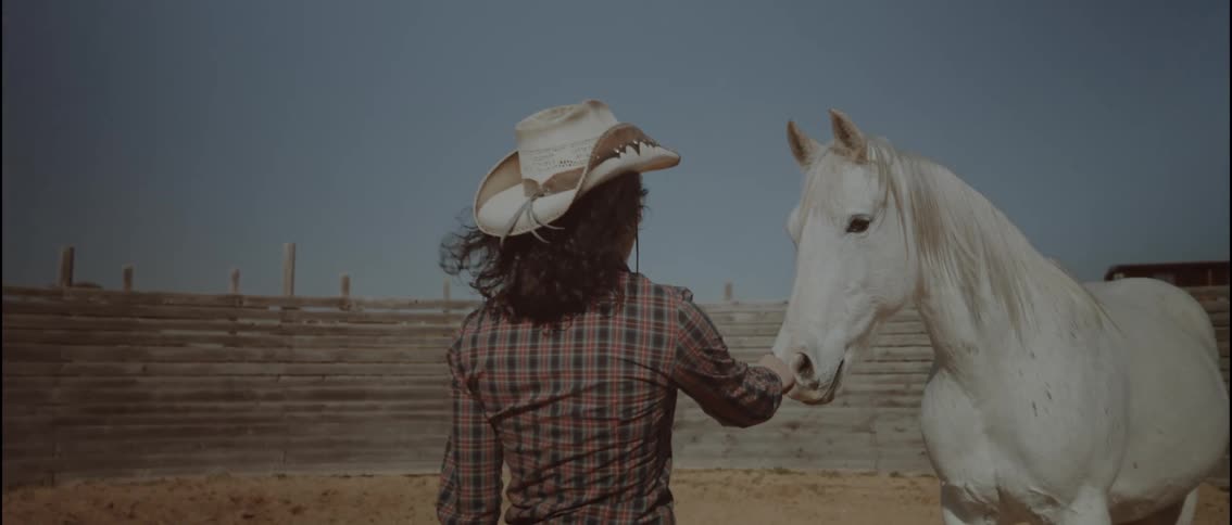 Person wearing a cowboy hat touching the muzzle of a white horse in a sandy corral