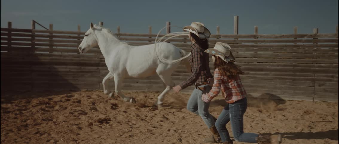 A woman and her daughter chasing a horse outdoors on a sunny day