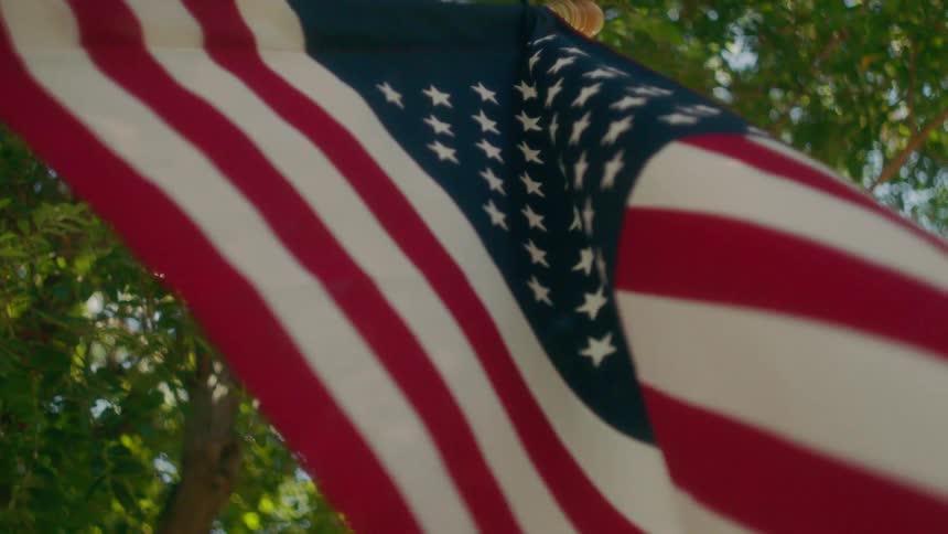 A flag flutters under a tree