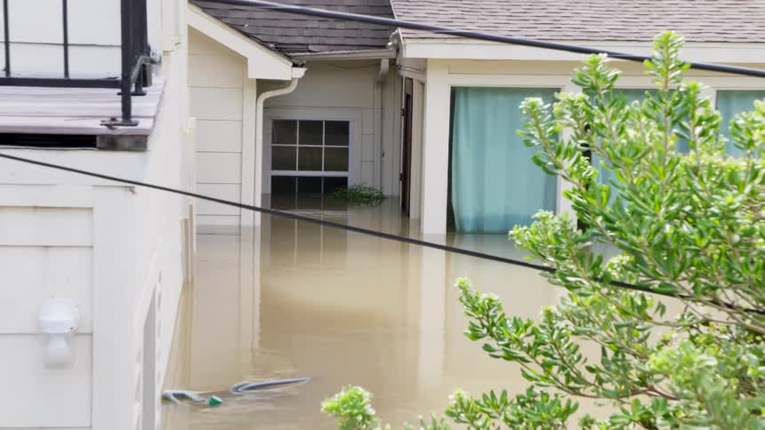 The home is flooded with water after a storm