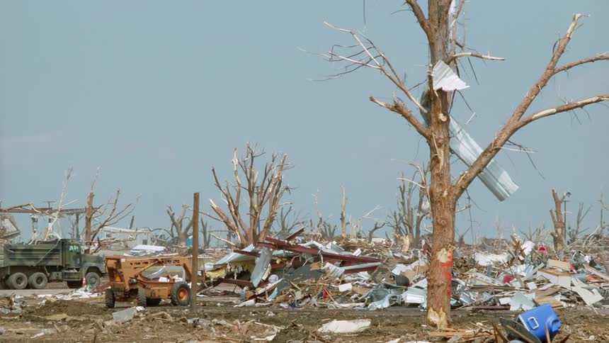 Torn and broken trees in a destroyed neighborhood as trucks move to clean up the debris and destruction