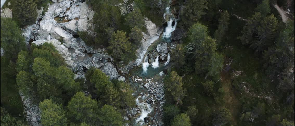 A drone provides an overhead view of a rocky stream cascading through a pine forest