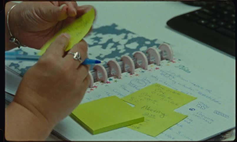 An older woman writes notes in a planner at a desk and attaches a yellow sticky note to a cubicle wall