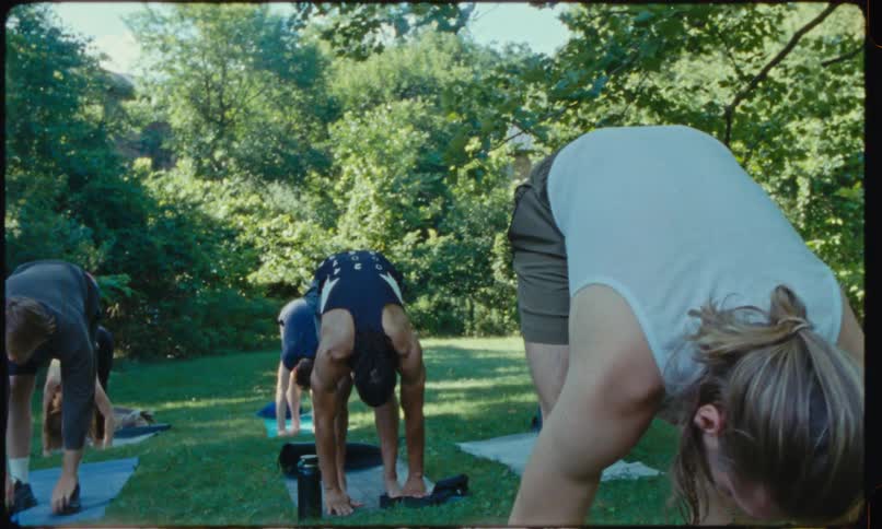 People practicing yoga on mats on grass surrounded by trees