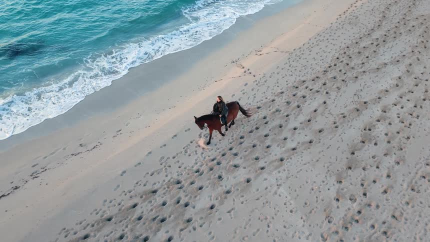 Woman rides her horse across the beach as waves roll in to shore