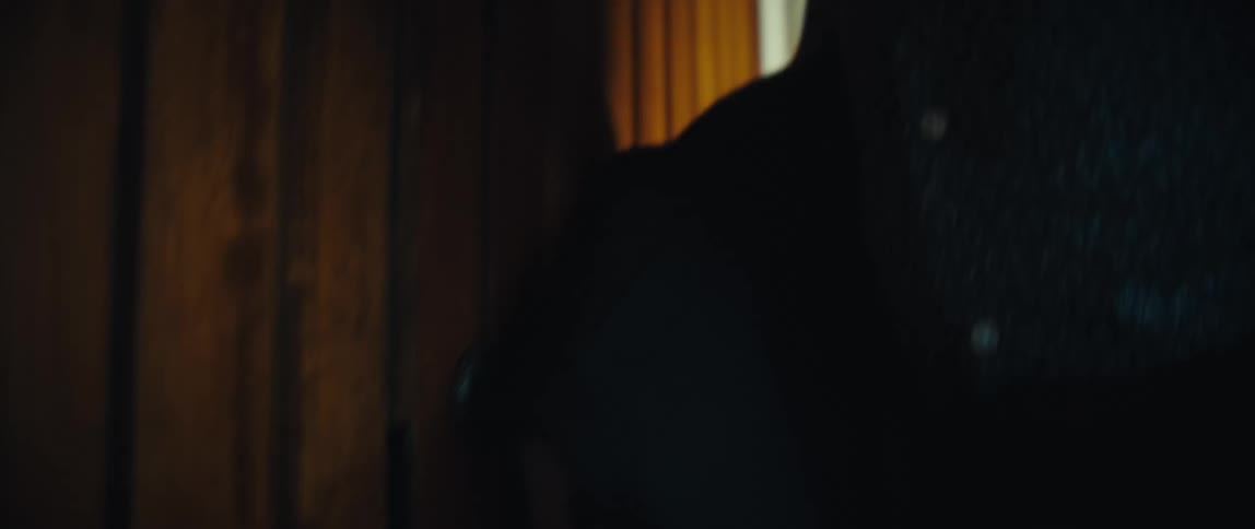 A person enters a room after turning a dark door handle then hangs a coat and walks inside while holding a phone