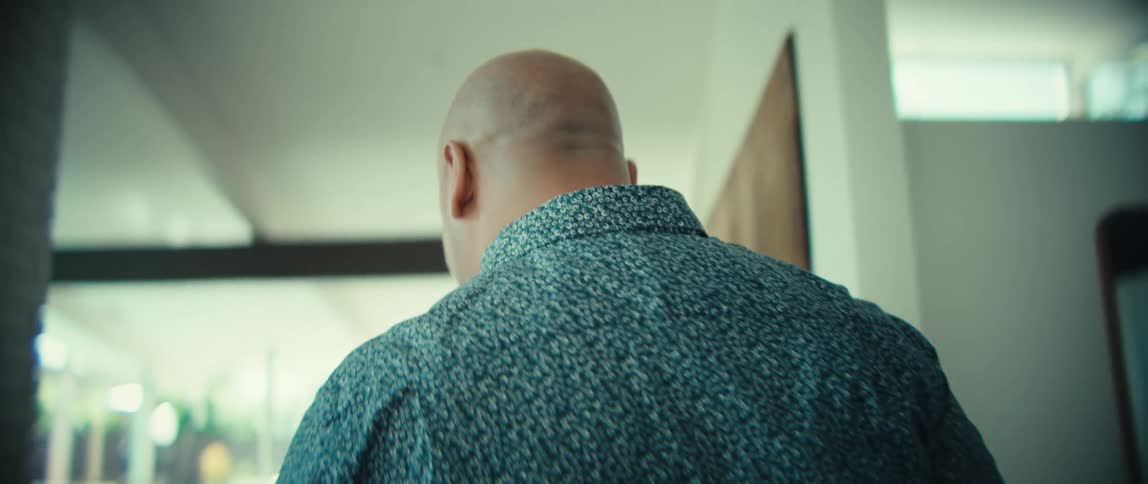 A bald man wearing a blue patterned shirt talks on a mobile phone while walking through a bright modern house with large windows and then turns around with an excited expression