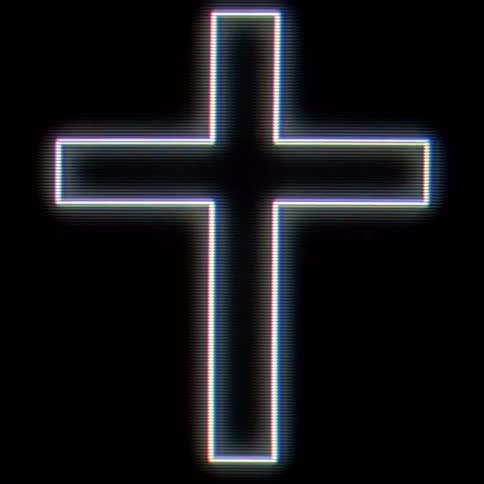 A glowing white neon cross with blue and red chromatic aberration sits in the center of a black frame filled with digital scan lines and a subtle flickering glitch effect