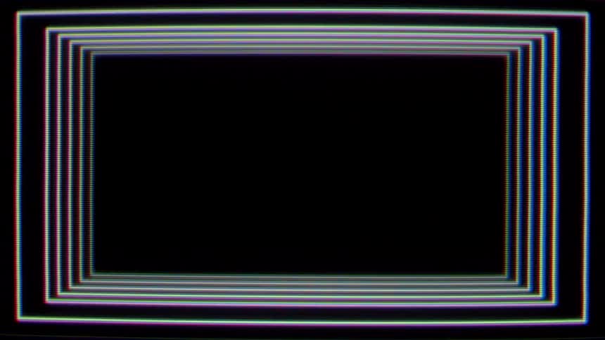 The video features a series of glowing rectangular borders that expand outward from a central point against a dark background these lines exhibit a retro digital distortion effect characterized by visible scanlines and chromatic aberration along their e