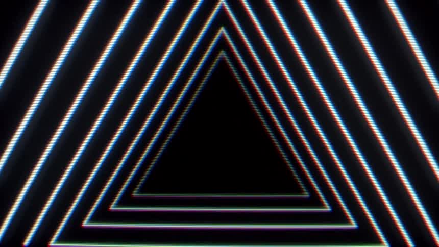 The video features a series of concentric triangles that create a repeating tunnel effect against a black background these geometric shapes pulse with a soft glow and visible chromatic aberration giving the animation a retro vhsinspired aesthetic
