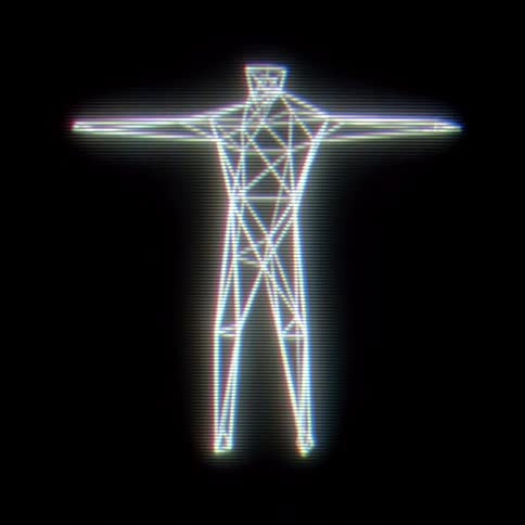 A glowing white wireframe figure of a man rotates in a full circle against a black background with a digital glitch effect and horizontal scan lines