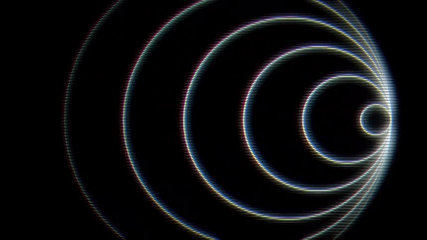 White glowing rings expand outward from a right side focal point across a dark digital void while displaying subtle chromatic aberration and a technical grid texture throughout the minimalist animation