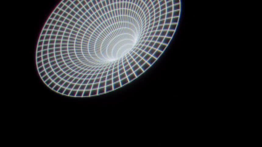 A white wireframe grid forms a glowing digital tunnel that expands toward the viewer against a black background