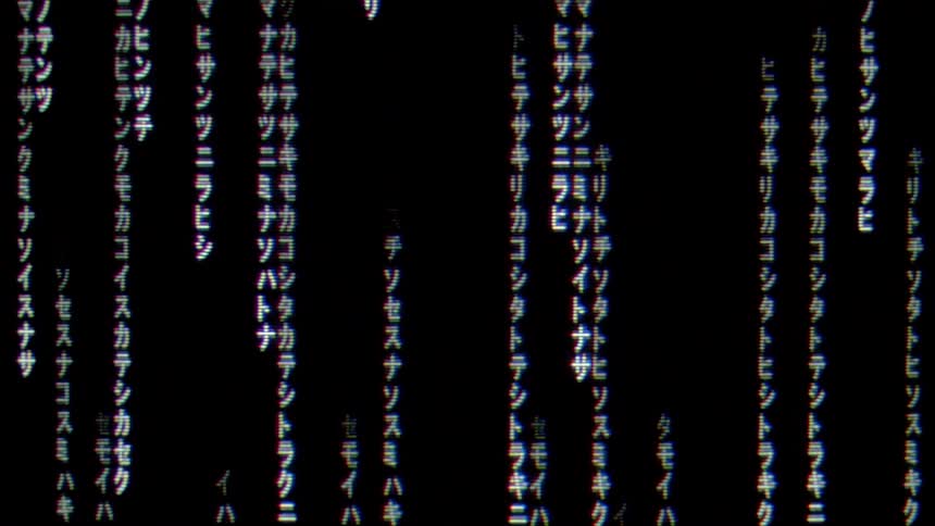 Japanese characters cascade vertically down a pitch black screen in a digital rain style