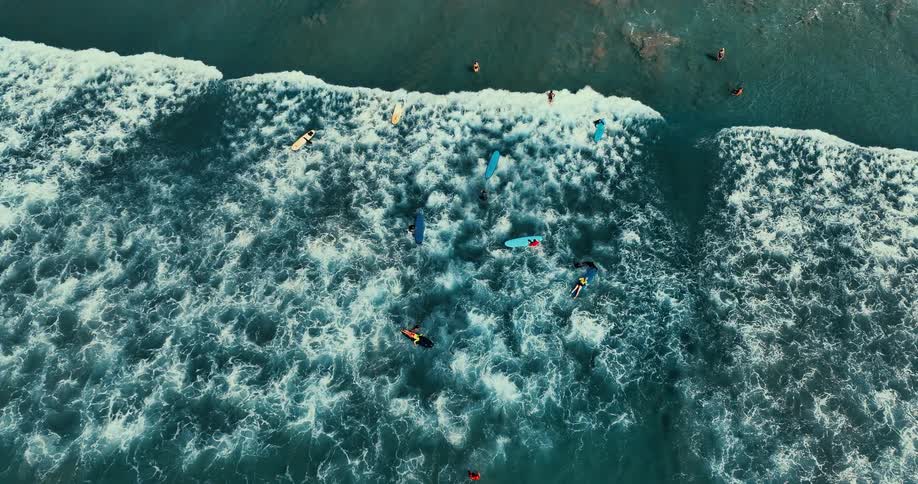 Aerial of people surfing ocean waves near the shoreline