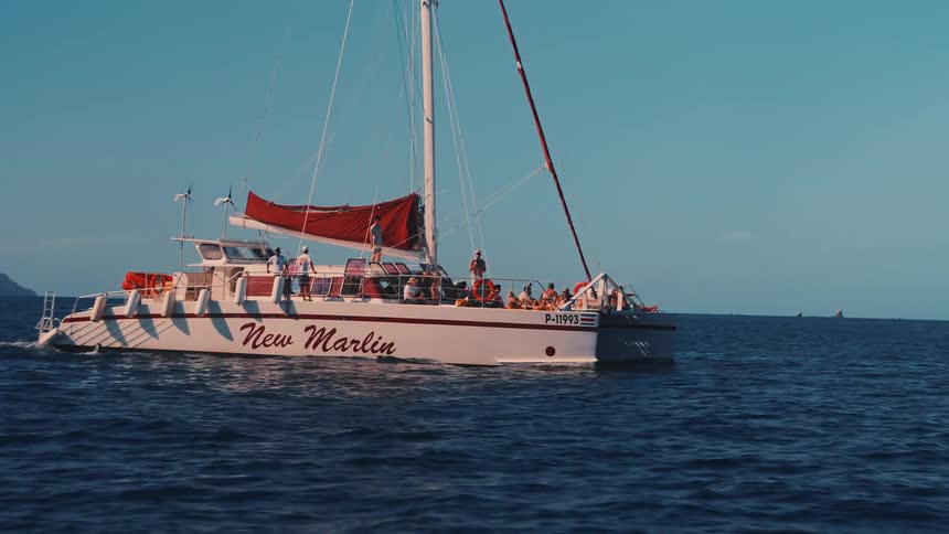 A large white catamaran named new marlin sails across the deep blue ocean carrying a group of passengers who enjoy the coastal view as the vessel gently cuts through the rippling water under a clear afternoon sky