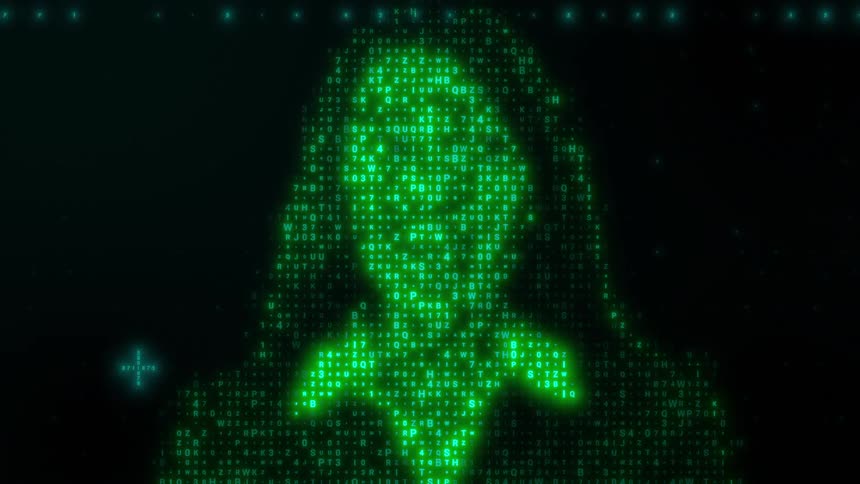 A screen displays an animation of a talking woman that is made of green dots