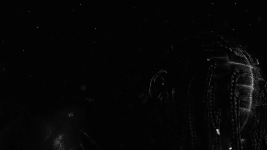 Head with braids partially illuminated against a dark background with suspended particles