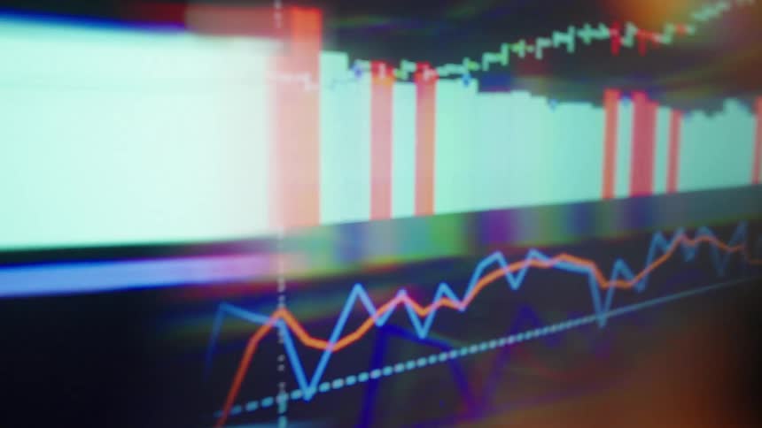 The video features a closeup cinematic shot of various financial data charts and candlestick graphs flickering across a digital screen it captures the fastpaced atmosphere of stock market trading through shifting focus and vibrant multicolored data v
