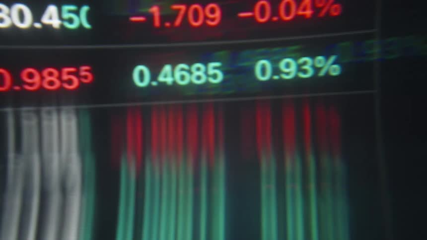 Values and changes in red and green displayed on a financial market board
