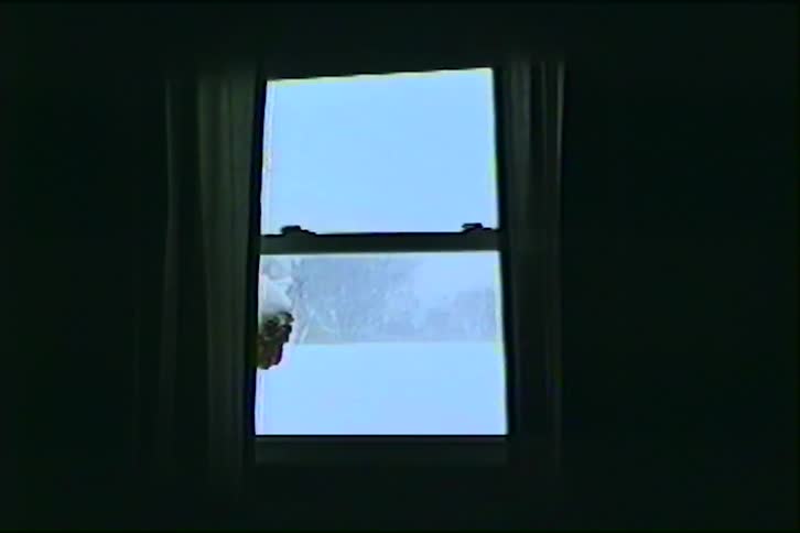 A view from a dark room looking through a window at a snowy yard with trees features a grainy film texture and static distortion typical of an old video recording