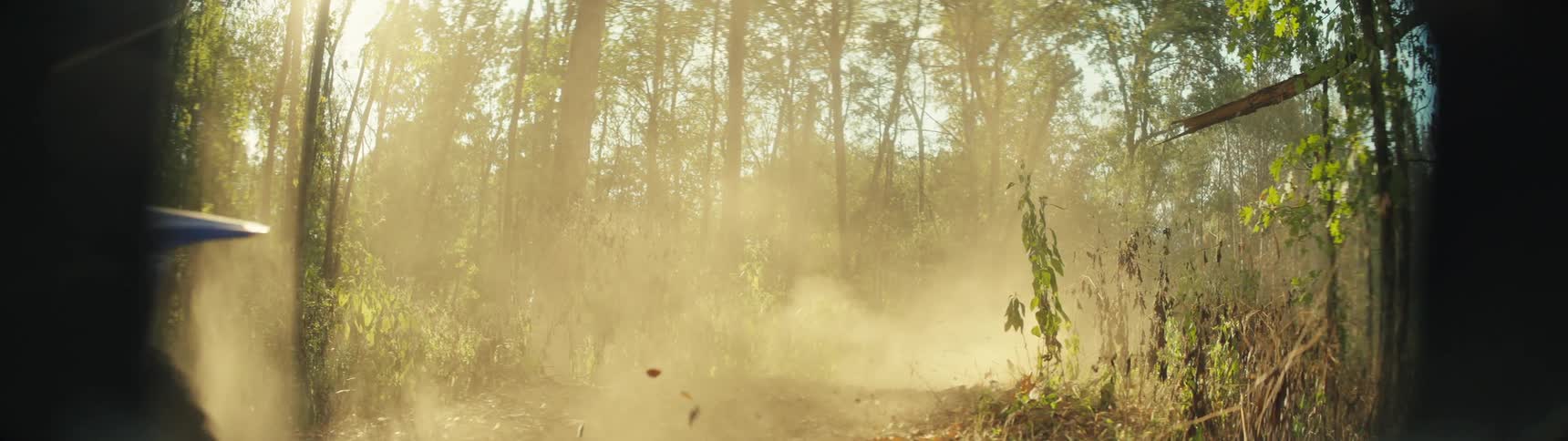 Dirt bike rider jumps on a forest dirt trail kicking up dust under sunlight