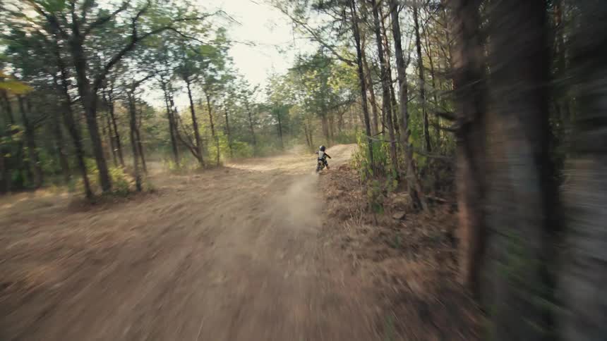 A person wearing a helmet and racing gear rides a yellow dirt bike along a winding path through a forest of thin trees during a sunny day in a following view