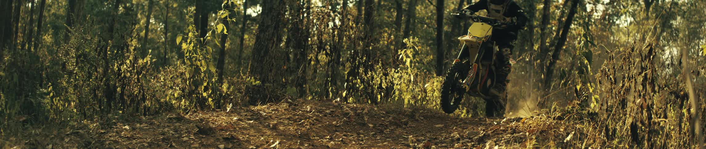 Boy rides a dirt bike on a forest dirt trail under sunlight among trees