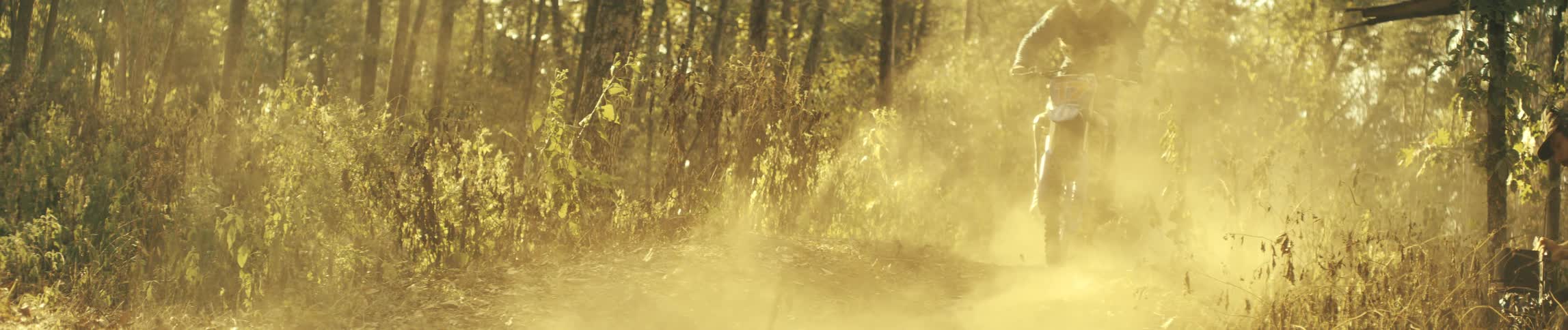 A motocross rider wearing a helmet and protective gear kicks up a thick cloud of dust while speeding through a sunlit forest trail on a blue and white dirt bike