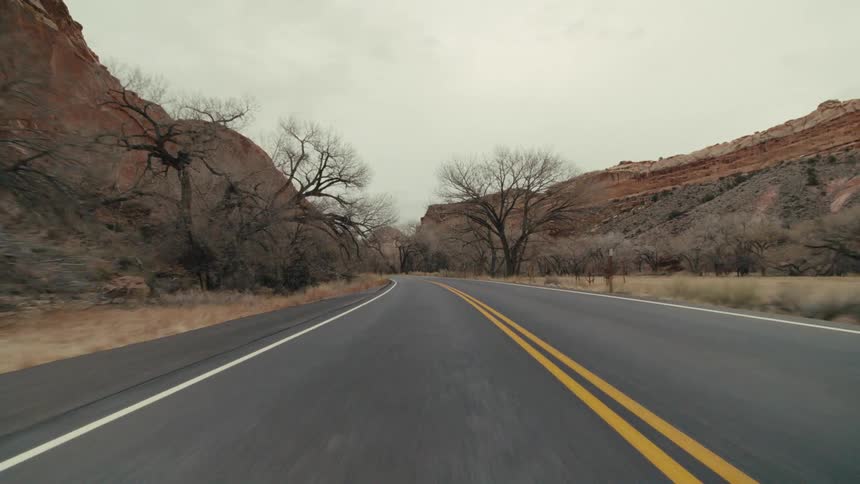 Road trip on a freeway through mountain canyons with trees and plants on the roadside