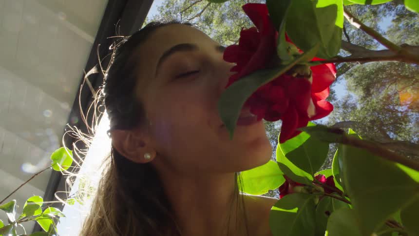 A young female is outdoors smelling red flowers under an awning in a sunlit area
