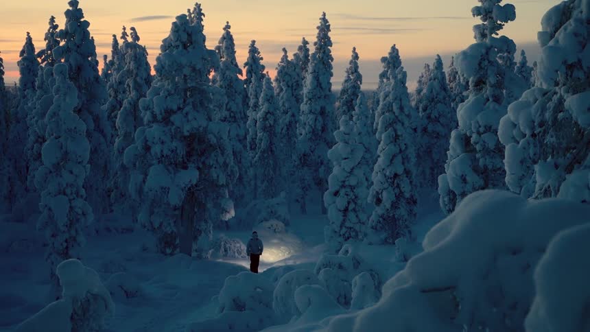 A lone male hiker carrying a flashlight walks through a snowy forest
