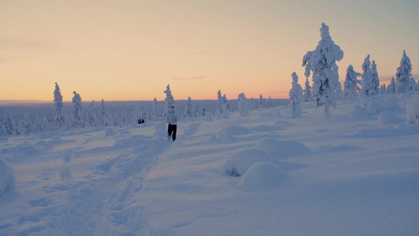 Hiker walking on a path in the snow on a mountain with snow covered trees in the valley forest