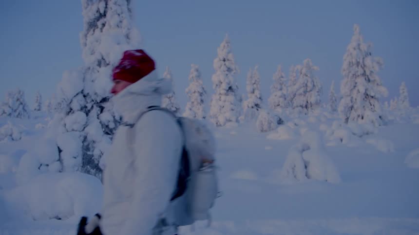 A male hike walks over a snowy landscape with pine trees