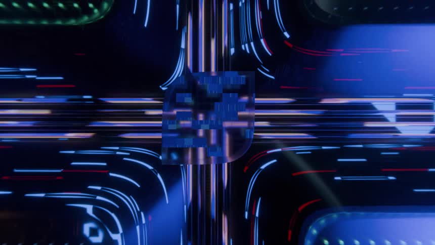 The video features a dark futuristic environment where neon blue and red light trails race across a complex digital grid the camera pans upward to reveal a central glowing core that acts as a junction for these highspeed data streams