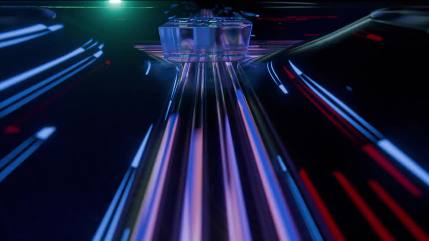 Metal structure with rails illuminated by blue and red lights in a dark environment
